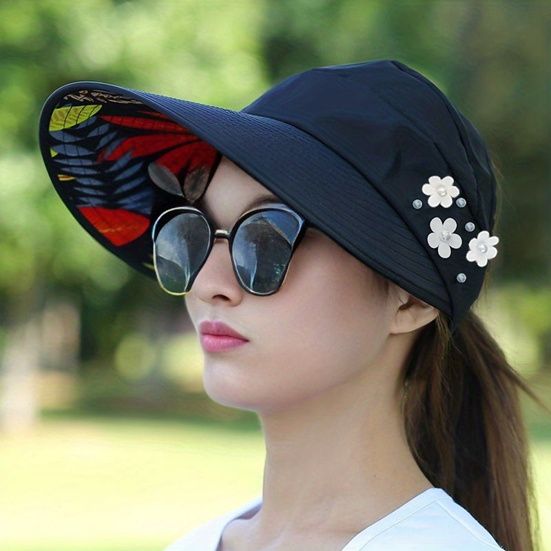 Wide Brim Sun Visor Foldable Picnic Hat Beach UV Protection Scallop Cap For Outdoor With Faux Pearl & Flower; Women's Hat & Caps Doba